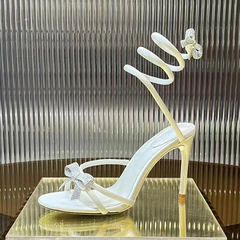 Summer High Heels Sandals Woman Butterfly-knot Rhinestone Snake Twine Around Ankle Strap Wedding Shoes Thin Heels Sandals Women