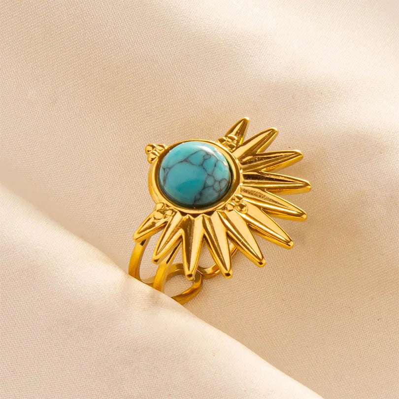 Classic Retro Turquoise Finger Jewelry Stainless Steel Rings For Women Men Accessories Open Adjustable 18k Real Gold Plated Ring