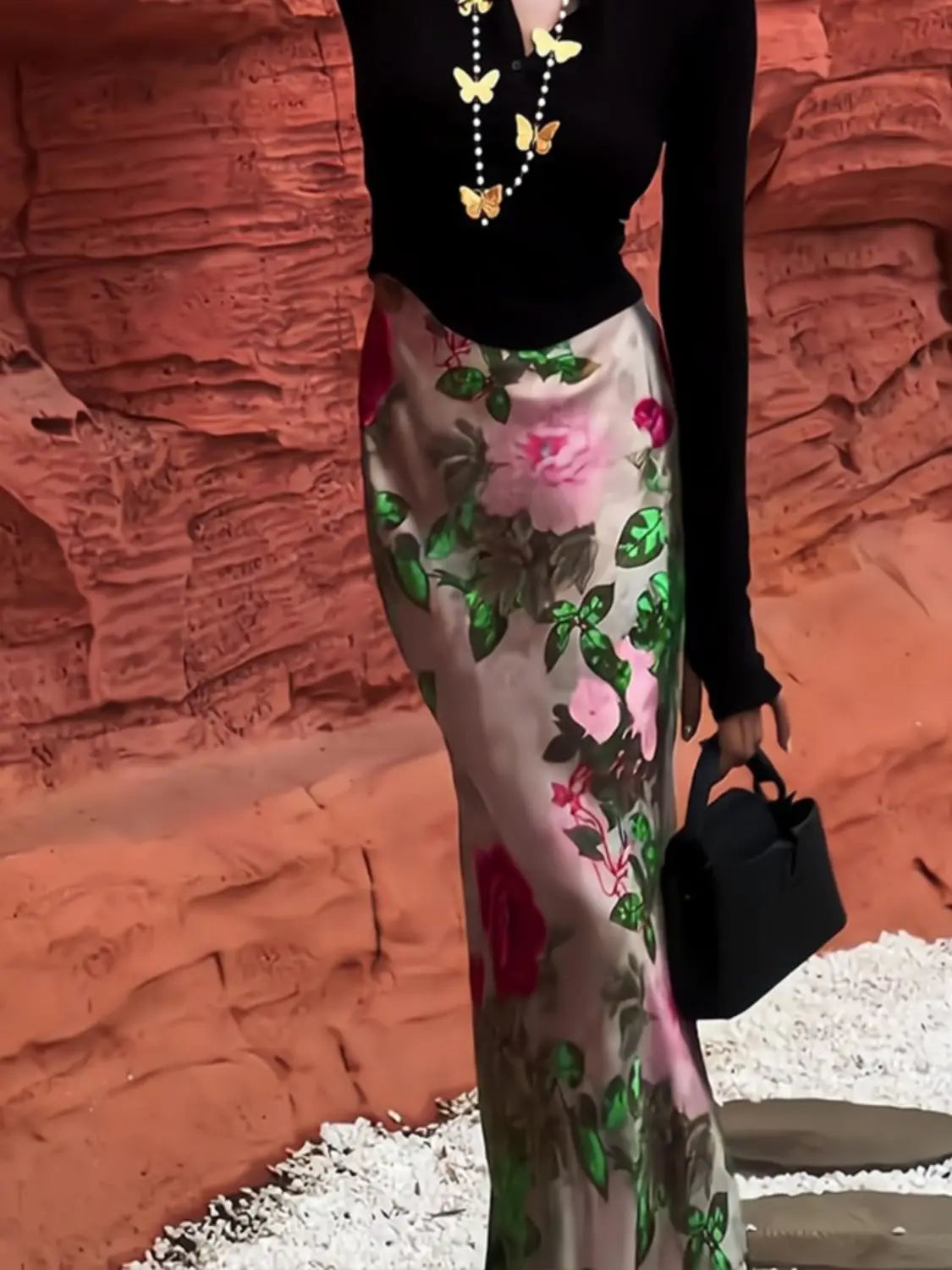 Women Clothing Stylish Vintage Satin Floral Print Luxury Chic Long Skirts Female Elegant High Waist Slim Party Maxi Skirt Faldas