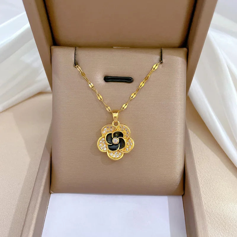 DIEYURO 316L Stainless Steel Lovely Flowers Pendant Necklace Earrings For Women Girl Fashion New Jewelry Set Gift Party Wedding