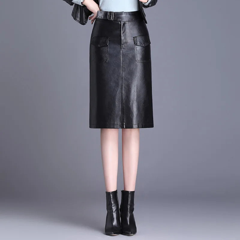 ZUZK Women  Knee Length PU Leather Skirt   Spring Autumn Solid Color Casual Straight Skirts PU Leather Skirts  3 Colors