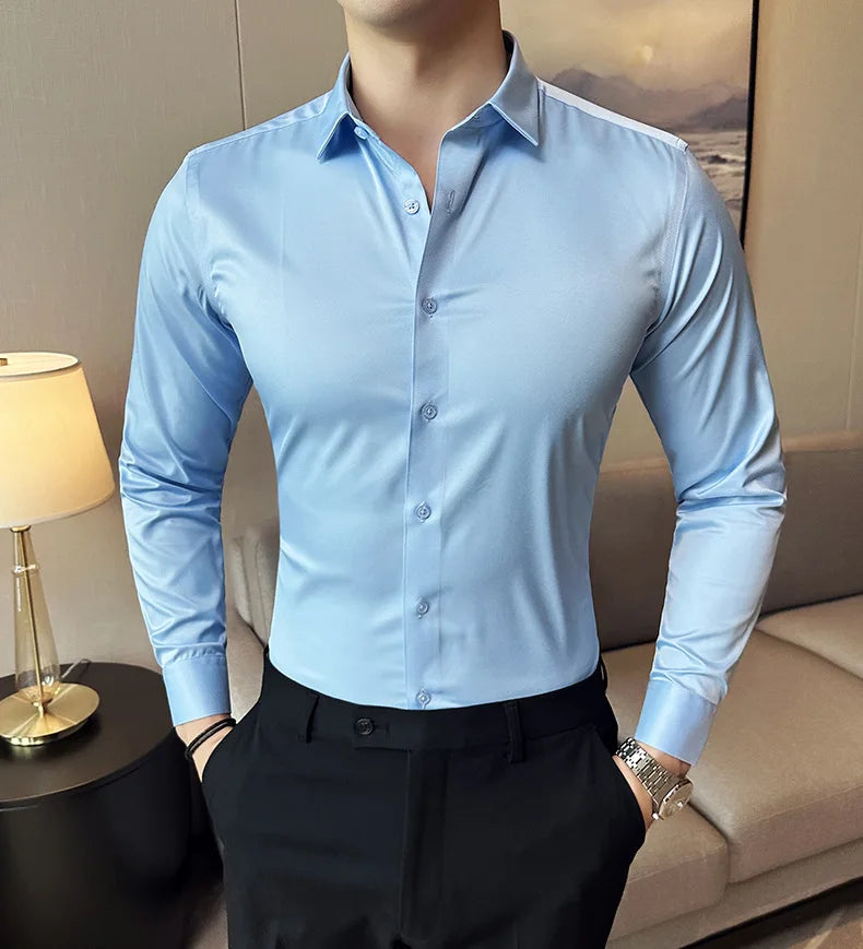 Seamless silk business casual shirt, long sleeved white non ironing elastic silk sliding cross shirt, men's formal wear