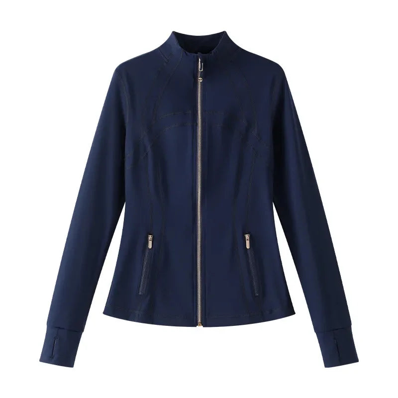 Light Blue Yoga Wear Women's Thin Outerwear 2025 New Shoulder Fit Waist Cinch Early Autumn Fishbone Sports Top