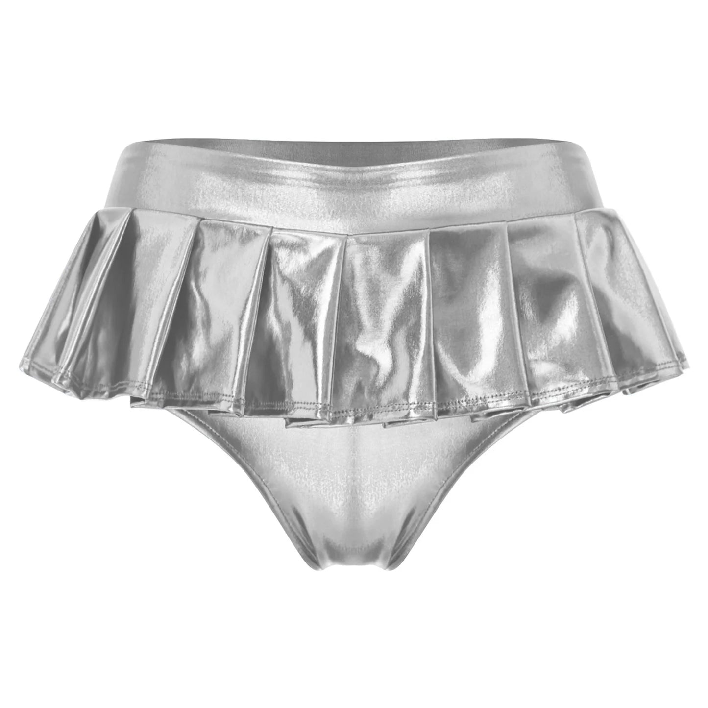 Womens Metallic Shiny Mini Skirt Elastic Waistband Pleated Skirted Underwear Culottes Micro Miniskirts Rave Party Nightclub Wear