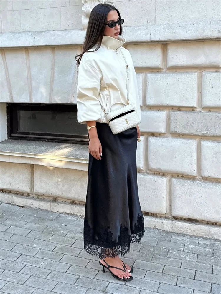 Tossy Fashion Autumn Lace Maxi Skirt For Women High Waist Slim Satin Elegant Commute Party Looks Female Printed Lace Long Skirt