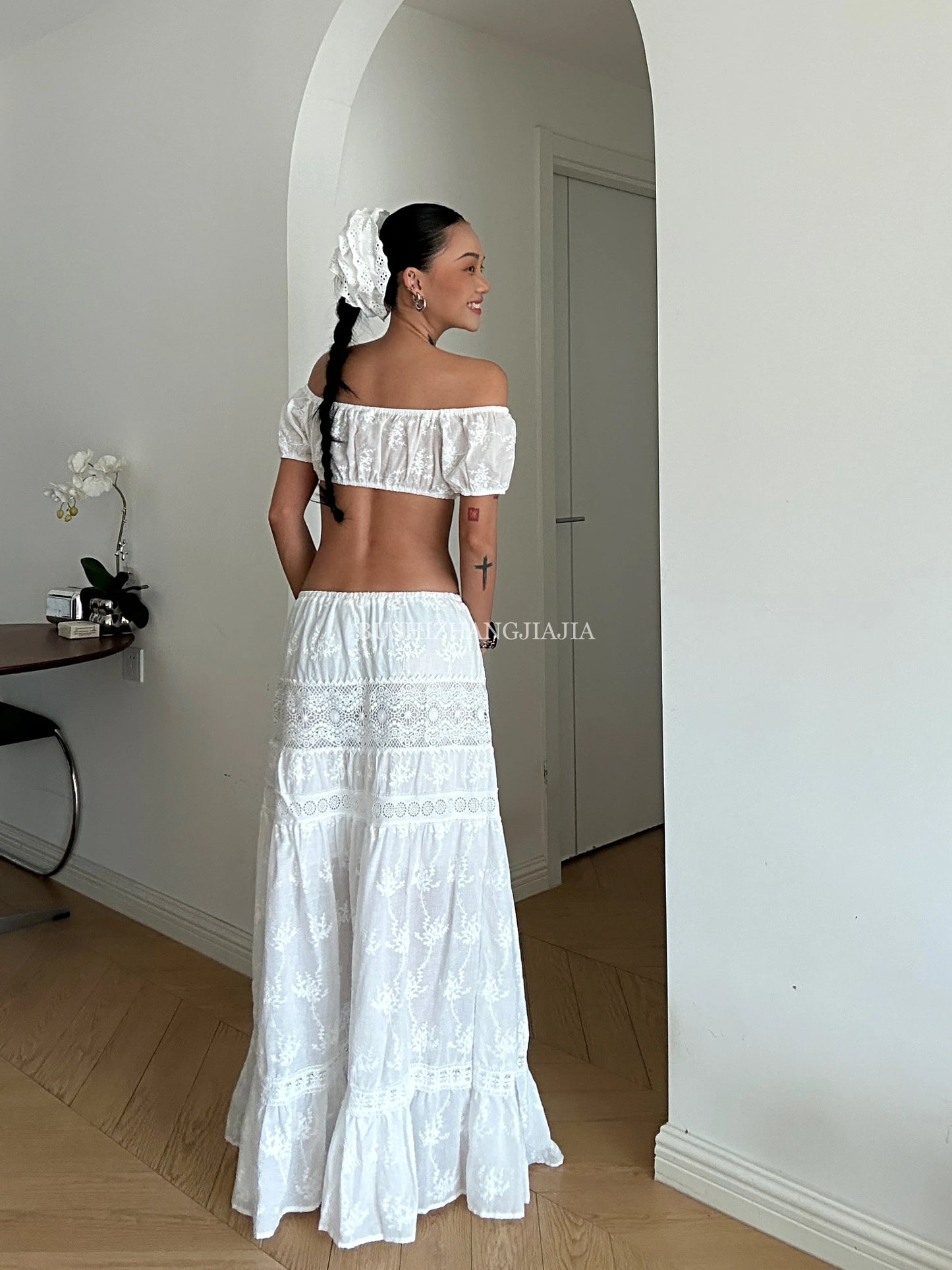 Women White Summer Outfit Botanical Garden Maxi Skirt