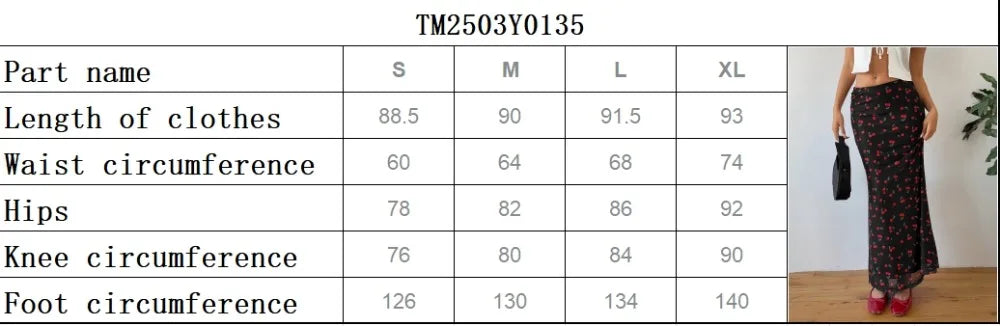 Summer Fashion Long Skirts for Women's Cherry Print High Waist Contrast Patchwork Slim Elegant Sexy Slim Ladies Y2k Maxi Skirt