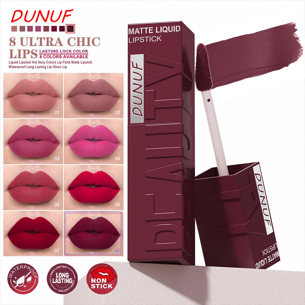 DUNUF  8-color matte velvet smooth easy-to-apply square tube lip gloss waterproof three-dimensional plumping lipstick