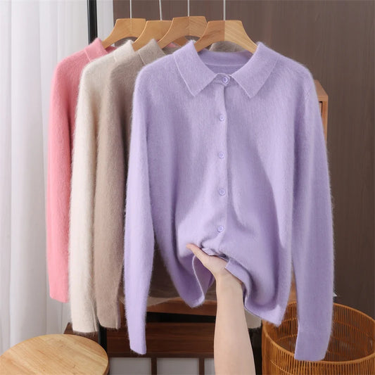 Chic Female Grace Soft Knitwear Women's Polo Collar Button Cardigan 100% Mink Cashmere Sweater Autumn Winter Soft Casual Tops