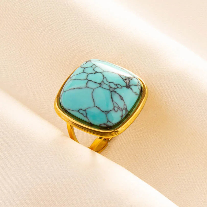 Classic Retro Turquoise Finger Jewelry Stainless Steel Rings For Women Men Accessories Open Adjustable 18k Real Gold Plated Ring