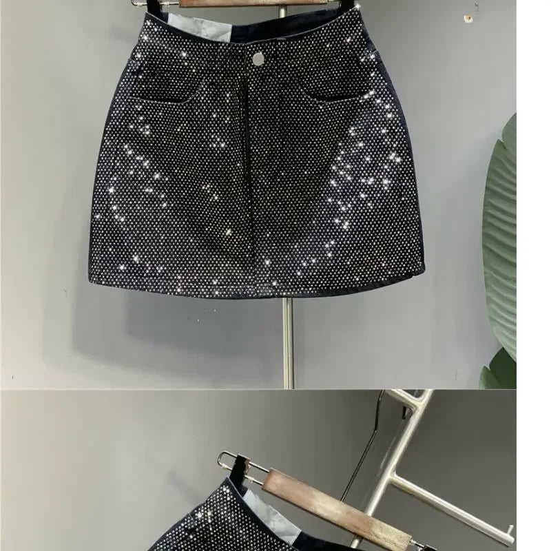 Heavy Industry Hot Drilling High-End Denim Skirt 2024 Spring And Summer New High Waist Pink Sexy