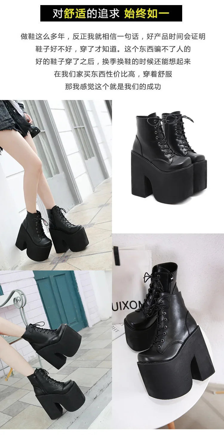 Maogu Women's Boots 2023 Solid High Heel Ankle Boots High Platform Quality Fashion Punk Goth Women Shoes Lace-up Big Size 42 43