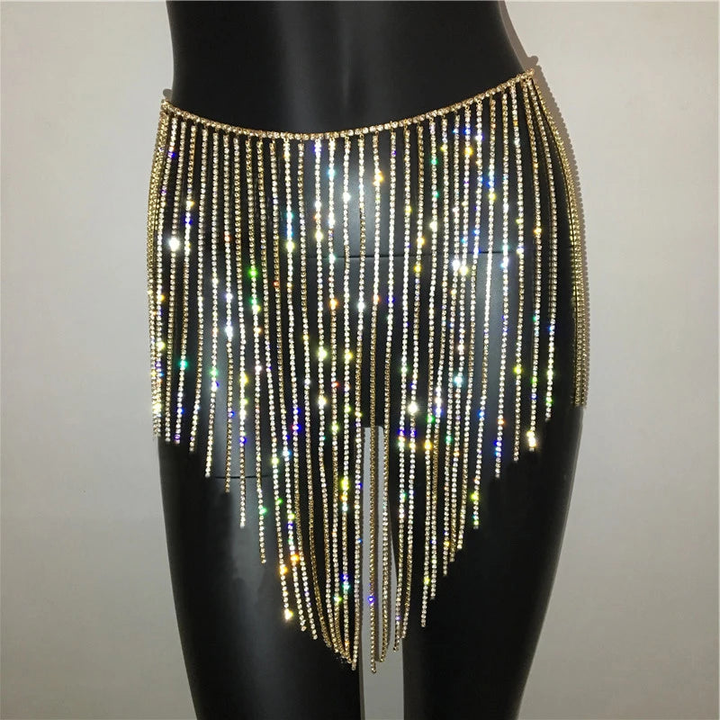 Sparkly Crystal Rhinestone Tassel  Mini Skirt Women Fashion See Through Hollow Out Metal Chain Nightclub Party Beach Outfits
