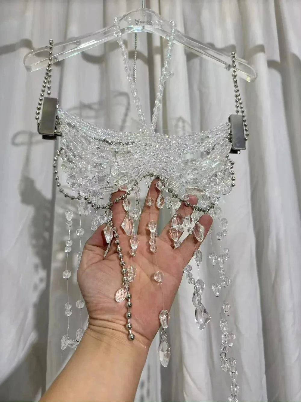 Sexy Europe And The United States Crystal Pearl Female Vest Handmade Street Shooting Bra Top Hollow Body Chain Holiday Swimsuit