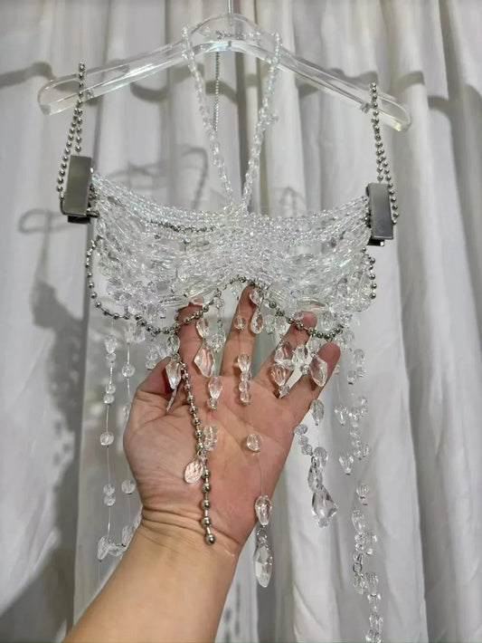 Sexy Europe And The United States Crystal Pearl Female Vest Handmade Street Shooting Bra Top Hollow Body Chain Holiday Swimsuit