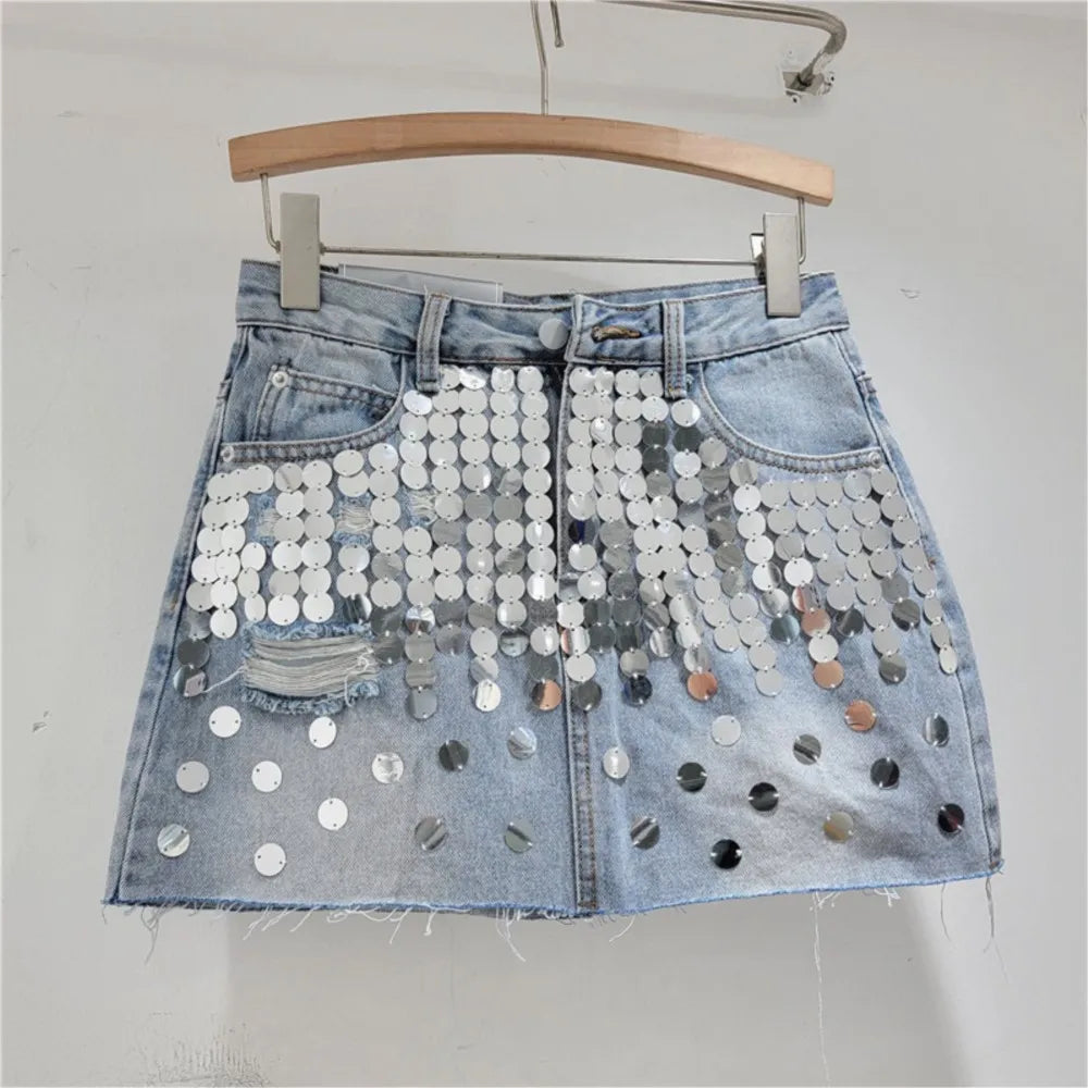 Summer new high waisted A-line sequins raw edges denim skirt for women