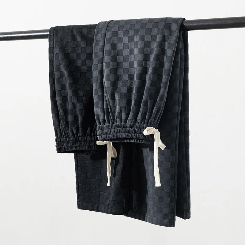 Men's Checkered Velvet Sweatpants, Loose Drawstring Trousers, Trendy Checkered Pattern, Fall and Winter Casual Streetwear