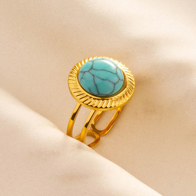 Classic Retro Turquoise Finger Jewelry Stainless Steel Rings For Women Men Accessories Open Adjustable 18k Real Gold Plated Ring