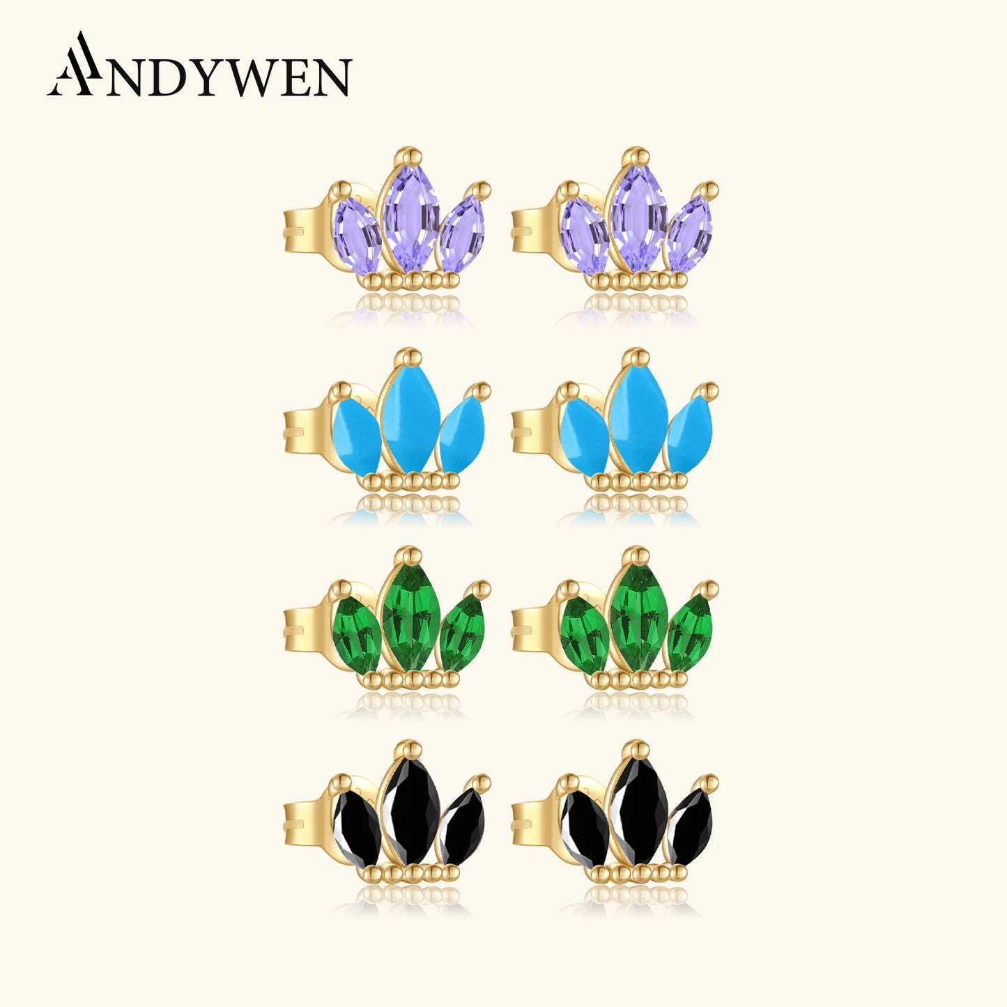 ANDYWEN 925 Sterling Silver Colorful Three Ovals Queen Stud Earring Luxury Fashion Zircon Piercing Three Leafs Small Jewelry