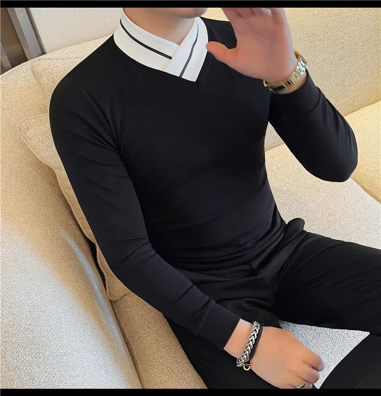 Autumn Winter Men's Mock Neck Long Sleeved T-shirt Slim Fit Elastic Solid Color Base Shirt Versatile Casual Business T-shirts