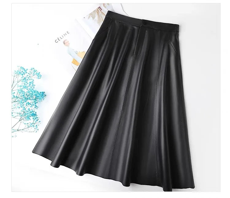 Women Caramel Genuine Leather Skirt 2025 Winter Female Natural Skin A-line Simple Big Hem Pleated Long Faldas Apricot Ropa Mujer