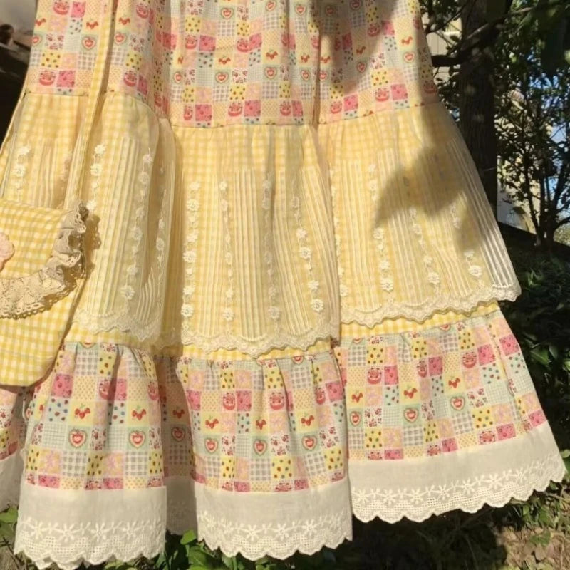 2025 New Summer Vintage Stitching Print Skirts Sweet Loose Design Cake Skirt Women Korean Fashion Patchwork Retro Outfits Beach