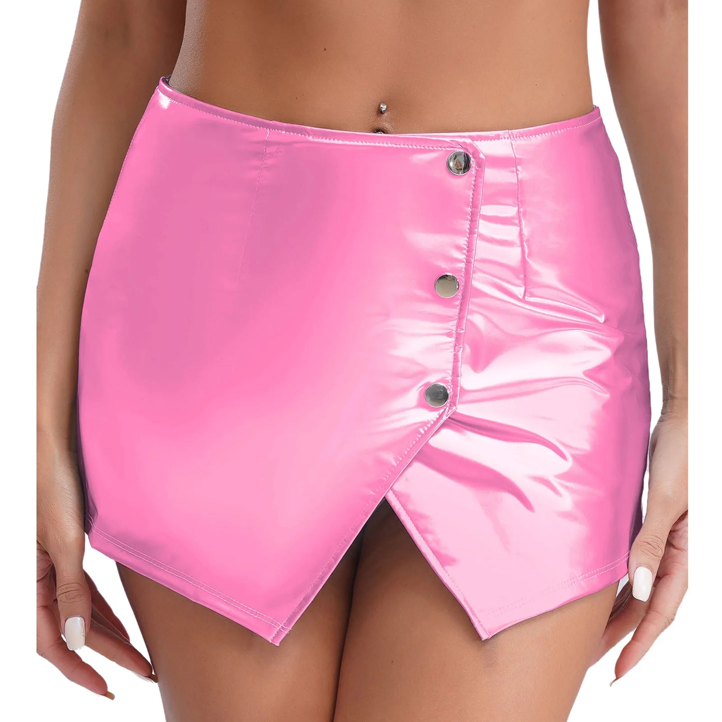 Womens Metallic Sexy Front Split Latex Mini Skirt Shiny Short Skirt Bar Clubwear Holographic Buttons Back Zipper Club Skirts