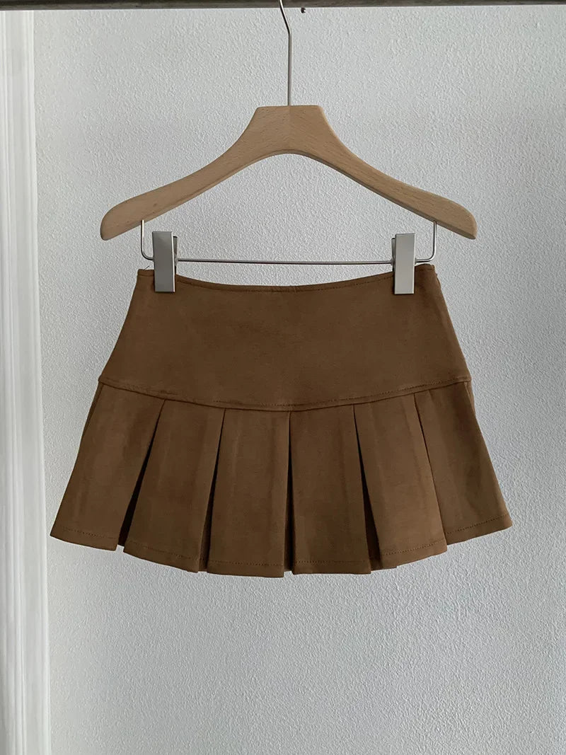 Oumale Pure Color Suede Mini Skirt Women's Autumn New Korean Style Slimming Anti-Light Pleated Short Skirt A- Line
