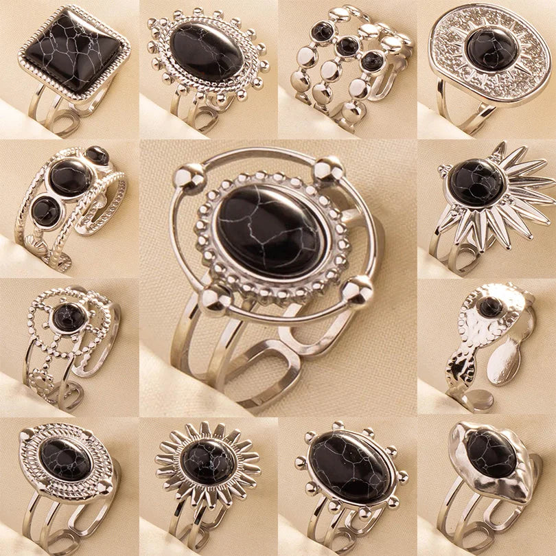 5PCS Boho Turquoise Rings Hippie Stainless Steel White Gemstone Adjustable Rings Women Girls Gift Knuckle Rings Bohemian Jewelry