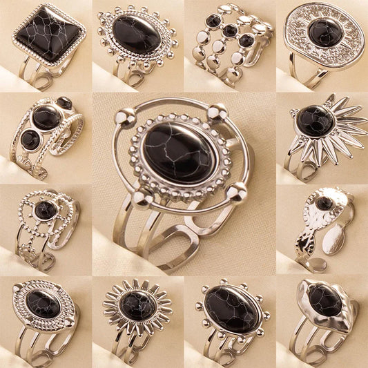 5PCS Boho Turquoise Rings Hippie Stainless Steel White Gemstone Adjustable Rings Women Girls Gift Knuckle Rings Bohemian Jewelry