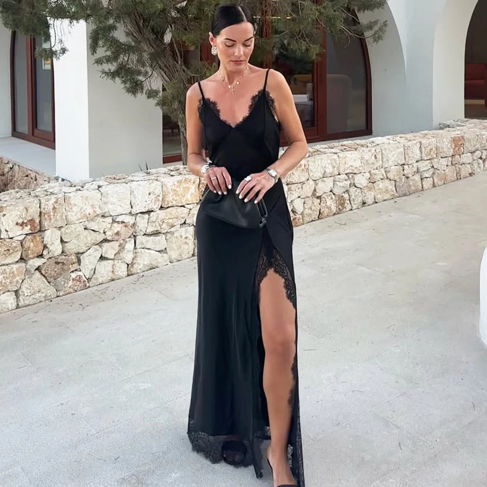 Talenza Black Luxury Evening Dress Women Sexy Lace Patchwork Sleeveless Backless Dress Elegant Party Look Fashion  Female Dress