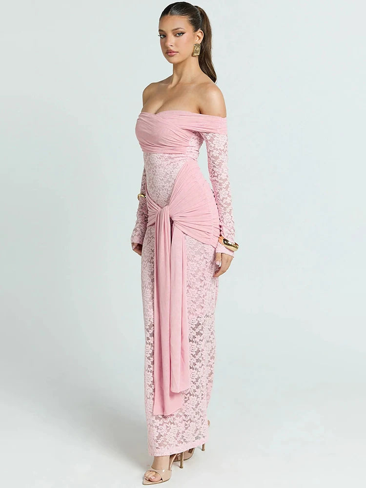 Mozision Off-shoulder Strapless Sexy Maxi Dress Women Gown Elegant Long Sleeve Backless Ruched Draped Club Party Long Dresses