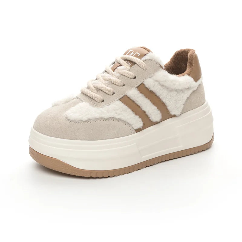 6CM Pink Natural Genuine Leather Fashion Breathable Casual Women's Shoes Platform Warm Plush Winter Autumn Comfy Ankle Booties