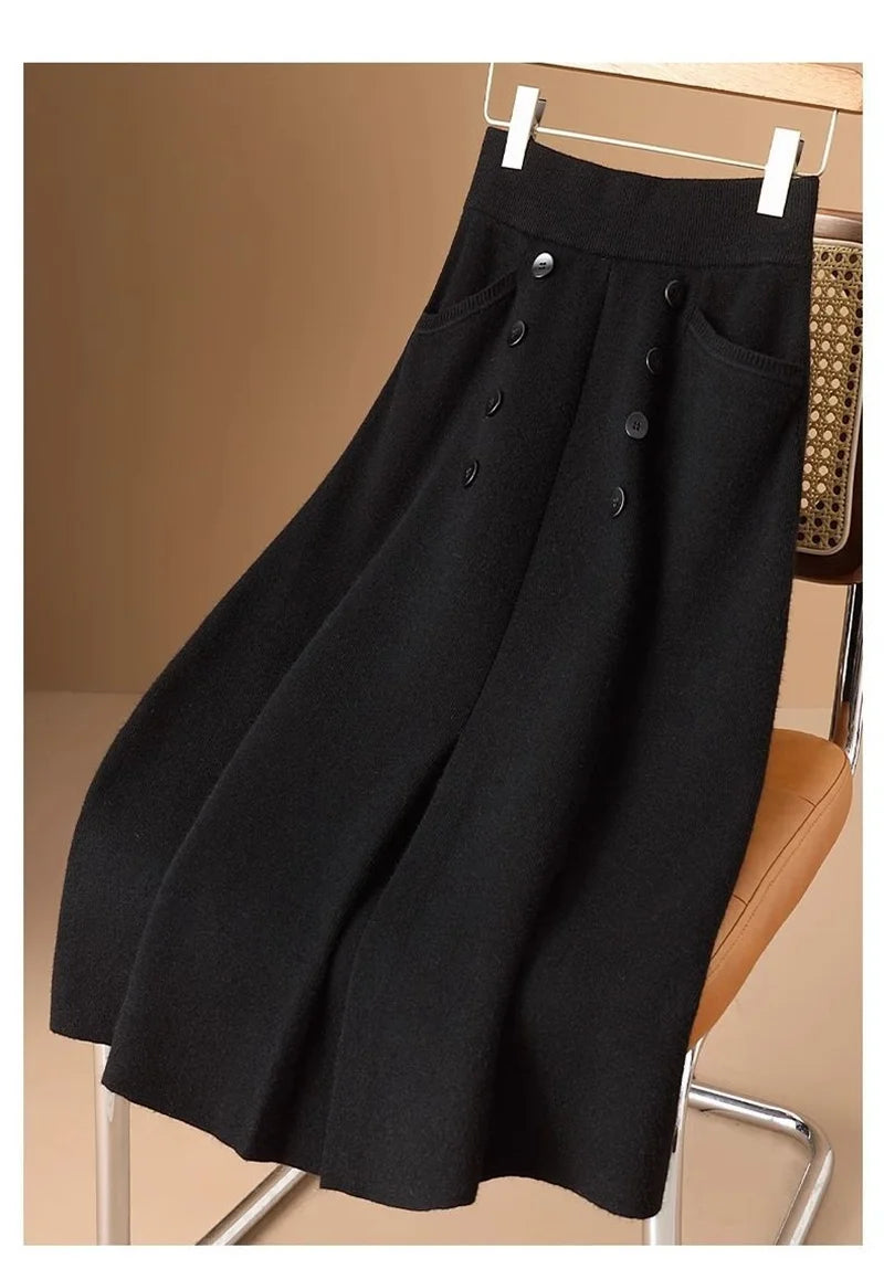Women Knitted Skirt 2025 Autumn Winter New Loose Oversized Button Elastic Skirts Female Knitt Skirt Warm Women's Clothing