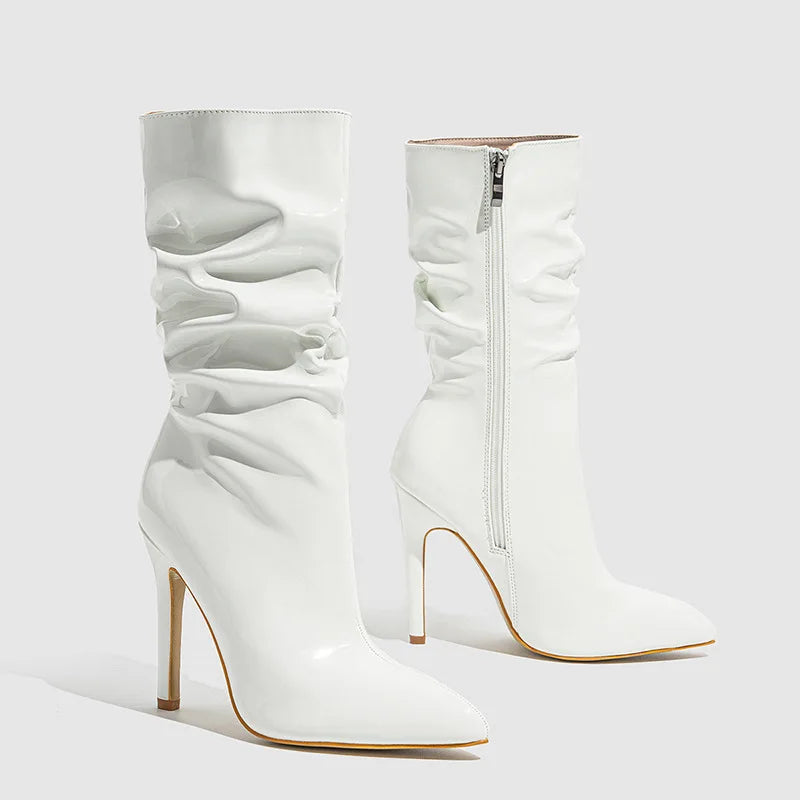 High-quality Pointed Toe Ladies Boots 11CM Stiletto Fashion Women Party Shoes Mid-Calf Boots Side Zipper Pleated High heels 42