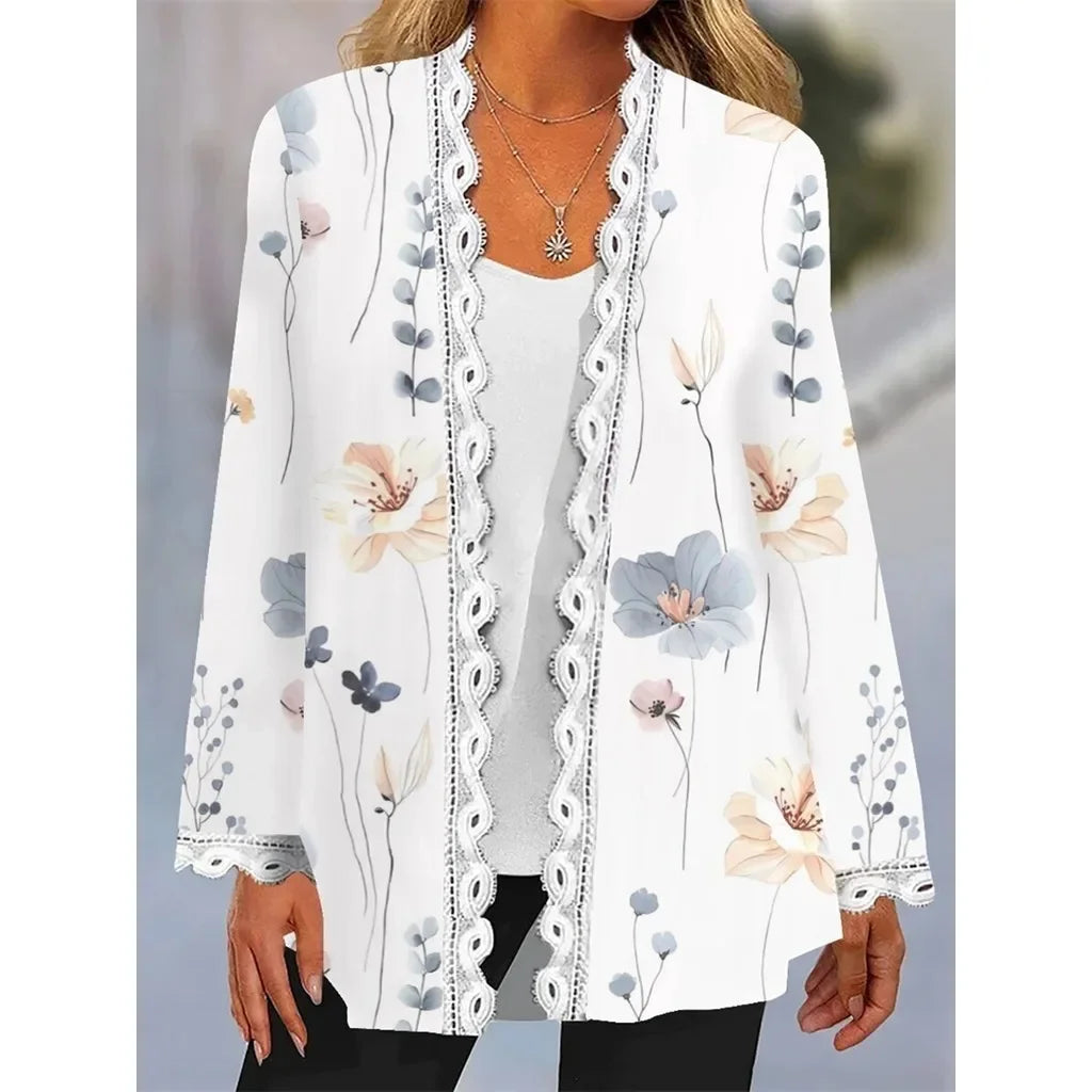 2023 Autumn and Winter Female Long-sleeved Lace Cardigan Printed Coat Plus Size Women Clothing