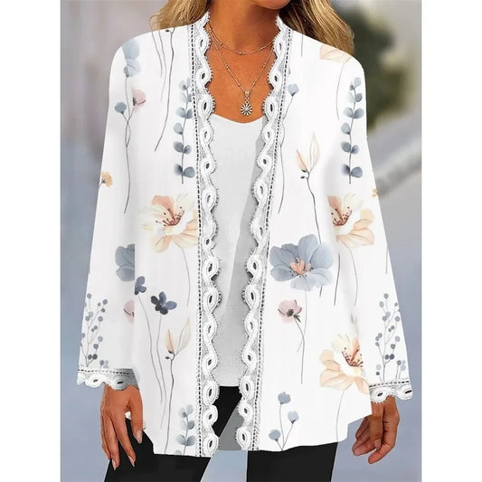 2023 Autumn and Winter Female Long-sleeved Lace Cardigan Printed Coat Plus Size Women Clothing