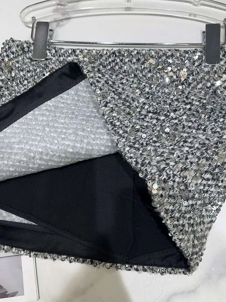 DEAT Trendy New Collection Women's Sequins Tweed Skirts 2025 Spring Fashion Zipper High Waist Wrap Hip Skirt Female 11XX7555