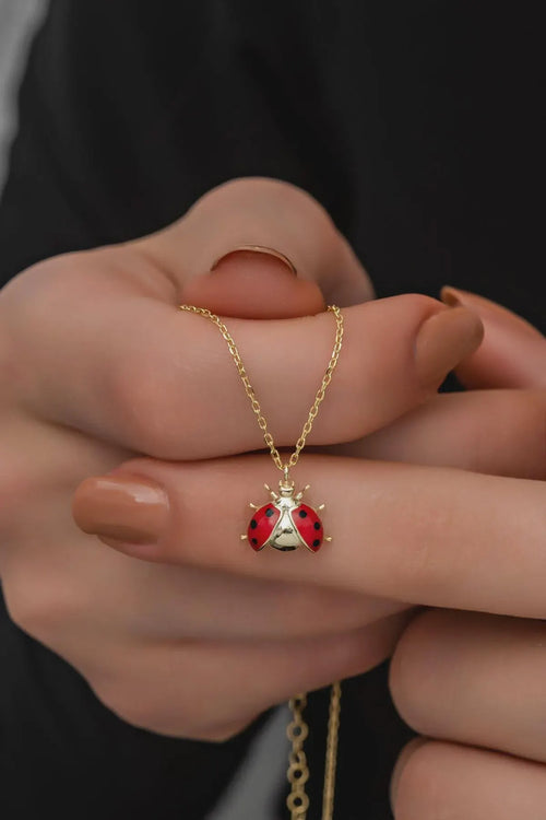 Sterling Silver Ladybug Necklace Rhodium Plated Lucky Charm