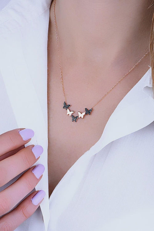 Rose Gold Butterfly Necklace Black Stone Sterling Silver Pendant